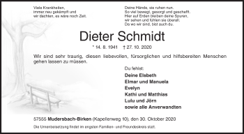 Traueranzeige von Dieter Schmidt von Siegener Zeitung