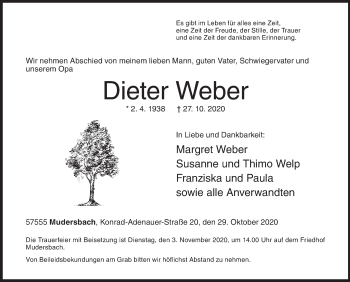 Traueranzeige von Dieter Weber von Siegener Zeitung