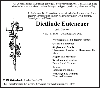 Traueranzeige von Dietlinde Euteneuer von Siegener Zeitung