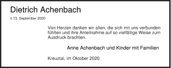 Traueranzeige von Dietrich Achenbach von Siegener Zeitung