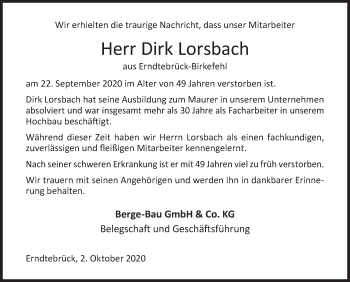 Traueranzeige von Dirk Lorsbach von Siegener Zeitung