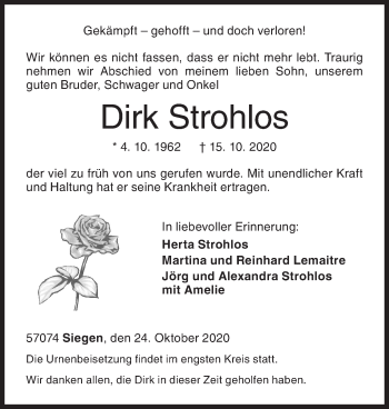 Traueranzeige von Dirk Strohlos von Siegener Zeitung