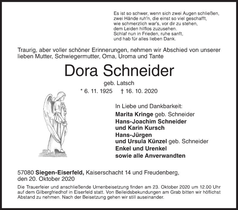  Traueranzeige für Dora Schneider vom 20.10.2020 aus Siegener Zeitung