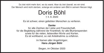 Traueranzeige von Doris Böhl von Siegener Zeitung