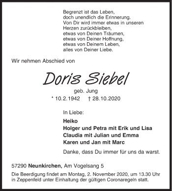 Traueranzeige von Doris Siebel von Siegener Zeitung