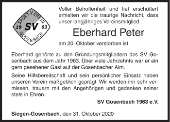 Traueranzeige von Eberhard Peter von Siegener Zeitung