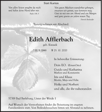 Traueranzeige von Edith Afflerbach von Siegener Zeitung
