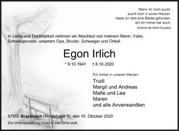 Traueranzeige von Egon Irlich von Siegener Zeitung