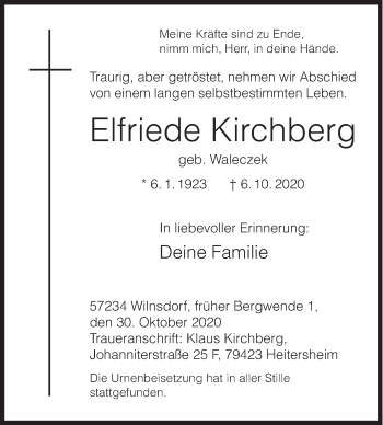 Traueranzeige von Elfriede Kirchberg von Siegener Zeitung