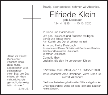 Traueranzeige von Elfriede Klein von Siegener Zeitung