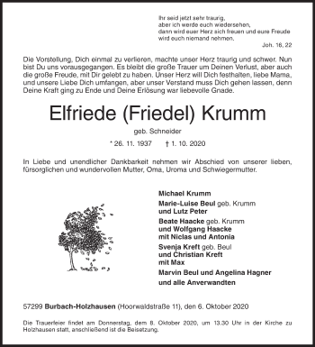 Traueranzeige von Elfriede Krumm von Siegener Zeitung