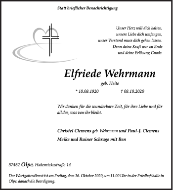 Traueranzeige von Elfriede Wehrmann von Siegener Zeitung