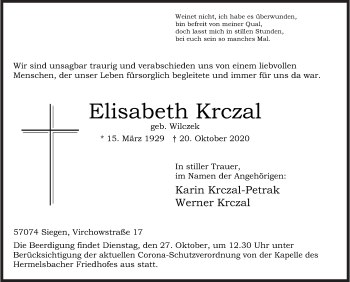 Traueranzeige von Elisabeth Krczal von Siegener Zeitung