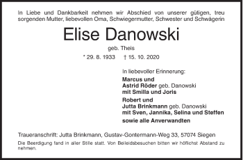 Traueranzeige von Elise Danowski von Siegener Zeitung