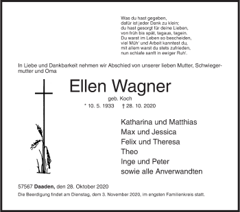 Traueranzeige von Ellen Wagner von Siegener Zeitung