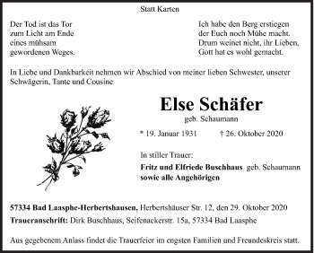 Traueranzeige von Else Schäfer von Siegener Zeitung