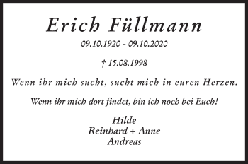 Traueranzeige von Erich Füllmann von Siegener Zeitung