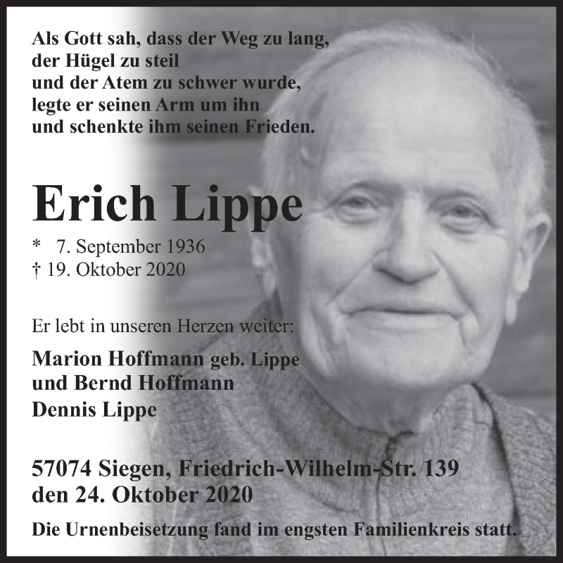  Traueranzeige für Erich Lippe vom 24.10.2020 aus Siegener Zeitung