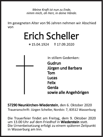 Traueranzeige von Erich Scheller von Siegener Zeitung