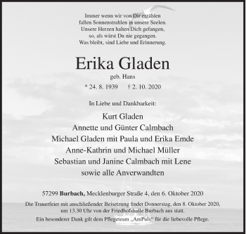 Traueranzeige von Erika Gladen von Siegener Zeitung