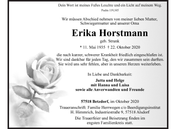 Traueranzeige von Erika Horstmann von Siegener Zeitung