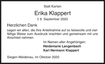 Traueranzeige von Erika Klappert von Siegener Zeitung