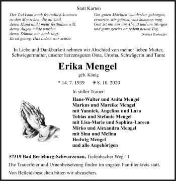 Traueranzeige von Erika Mengel von Siegener Zeitung