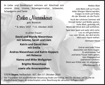 Traueranzeige von Erika Niesenhaus von Siegener Zeitung