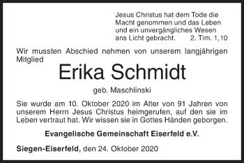 Traueranzeige von Erika Schmidt von Siegener Zeitung