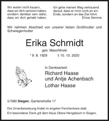 Traueranzeige von Erika Schmidt von Siegener Zeitung