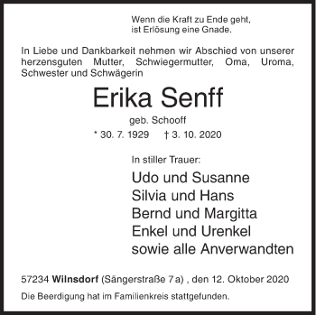 Traueranzeige von Erika Senff von Siegener Zeitung