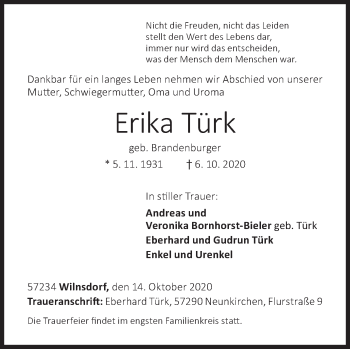 Traueranzeige von Erika Türk von Siegener Zeitung