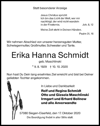Traueranzeige von Erika Hanna Schmidt von Siegener Zeitung