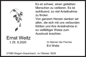 Traueranzeige von Ernst Weitz von Siegener Zeitung