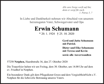 Traueranzeige von Erwin Schumann von Siegener Zeitung