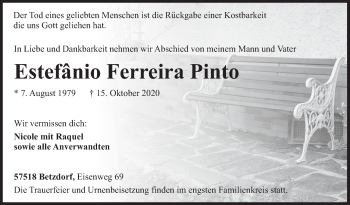 Traueranzeige von Estefânio Ferreira Pinto von Siegener Zeitung