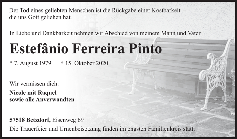  Traueranzeige für Estefânio Ferreira Pinto vom 24.10.2020 aus Siegener Zeitung