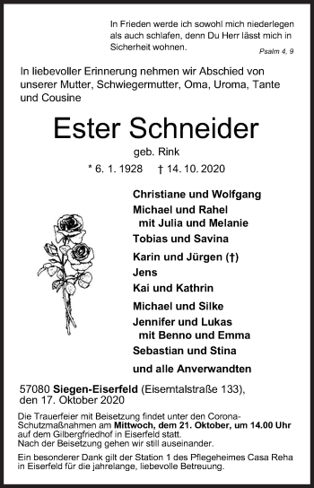 Traueranzeige von Ester Schneider von Siegener Zeitung