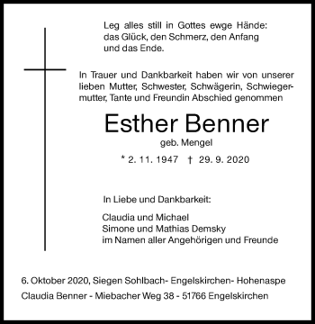 Traueranzeige von Esther Benner von Siegener Zeitung