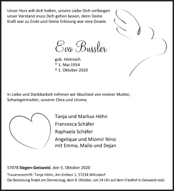 Traueranzeige von Eva Bussler von Siegener Zeitung