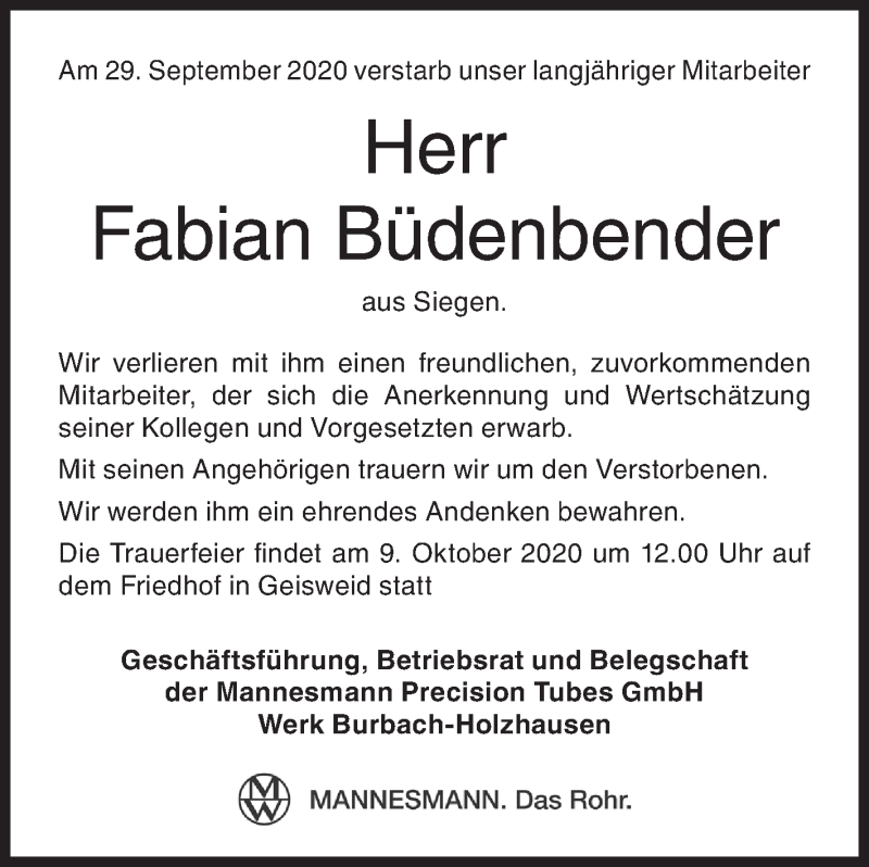 Traueranzeige für Fabian Büdenbender vom 06.10.2020 aus Siegener Zeitung