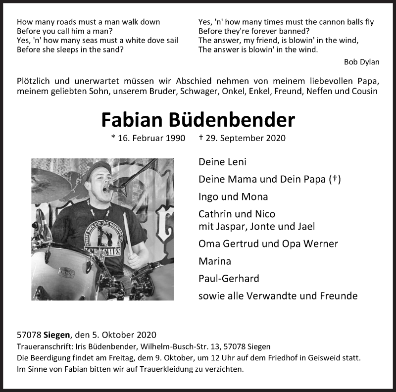  Traueranzeige für Fabian Büdenbender vom 05.10.2020 aus Siegener Zeitung