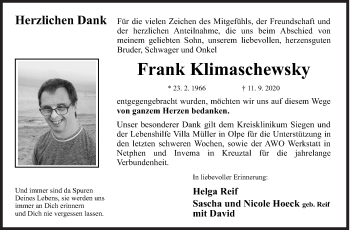 Traueranzeige von Frank Klimaschewsky von Siegener Zeitung