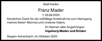 Traueranzeige von Franz Mader von Siegener Zeitung