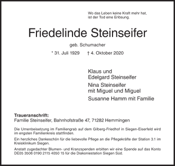 Traueranzeige von Friedelinde Steinseifer von Siegener Zeitung