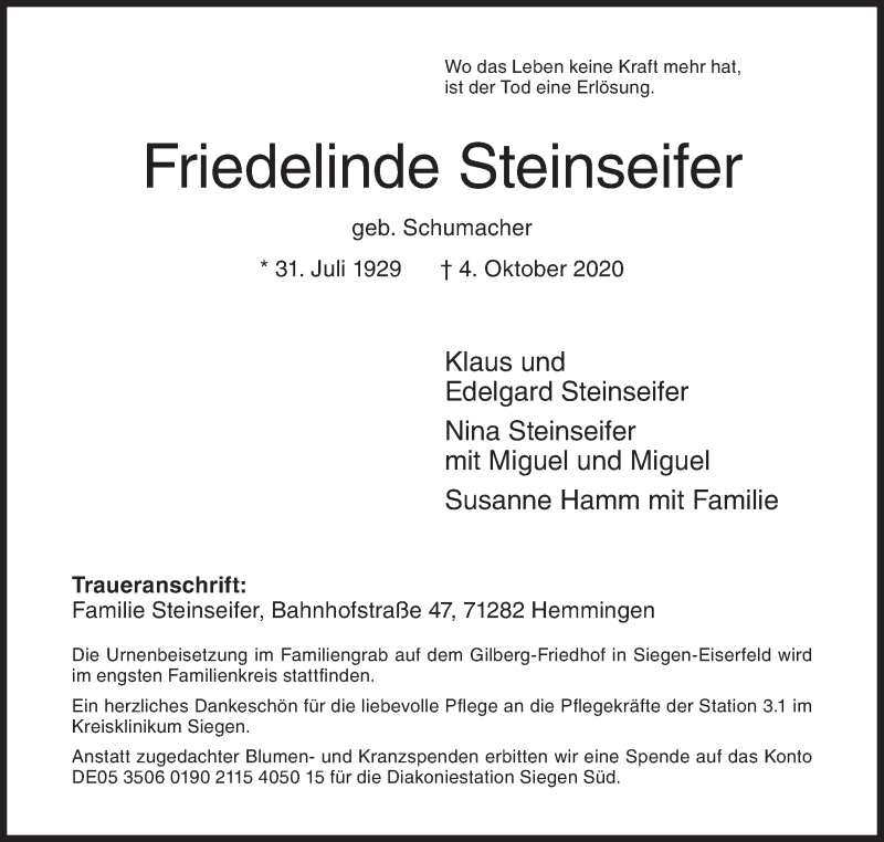  Traueranzeige für Friedelinde Steinseifer vom 06.10.2020 aus Siegener Zeitung