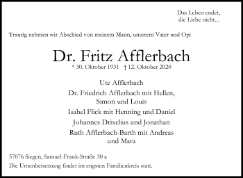 Traueranzeige von Fritz Afflerbach von Siegener Zeitung