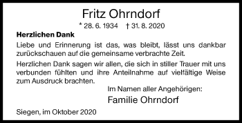 Traueranzeige von Fritz Ohrndorf von Siegener Zeitung