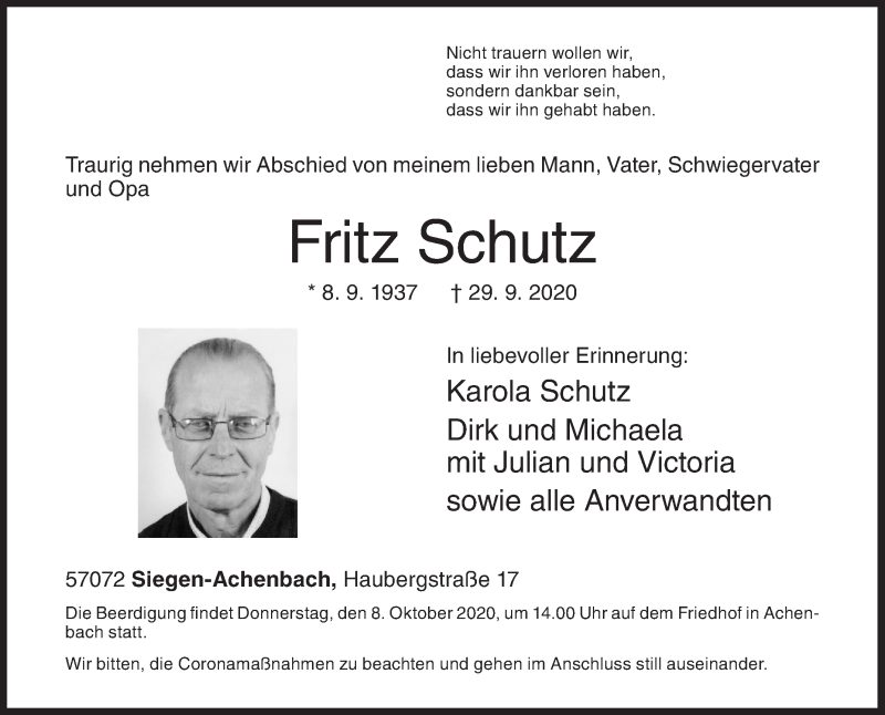  Traueranzeige für Fritz Schutz vom 02.10.2020 aus Siegener Zeitung