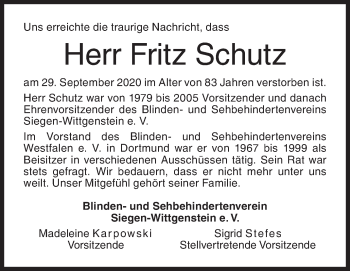 Traueranzeige von Fritz Schutz von Siegener Zeitung